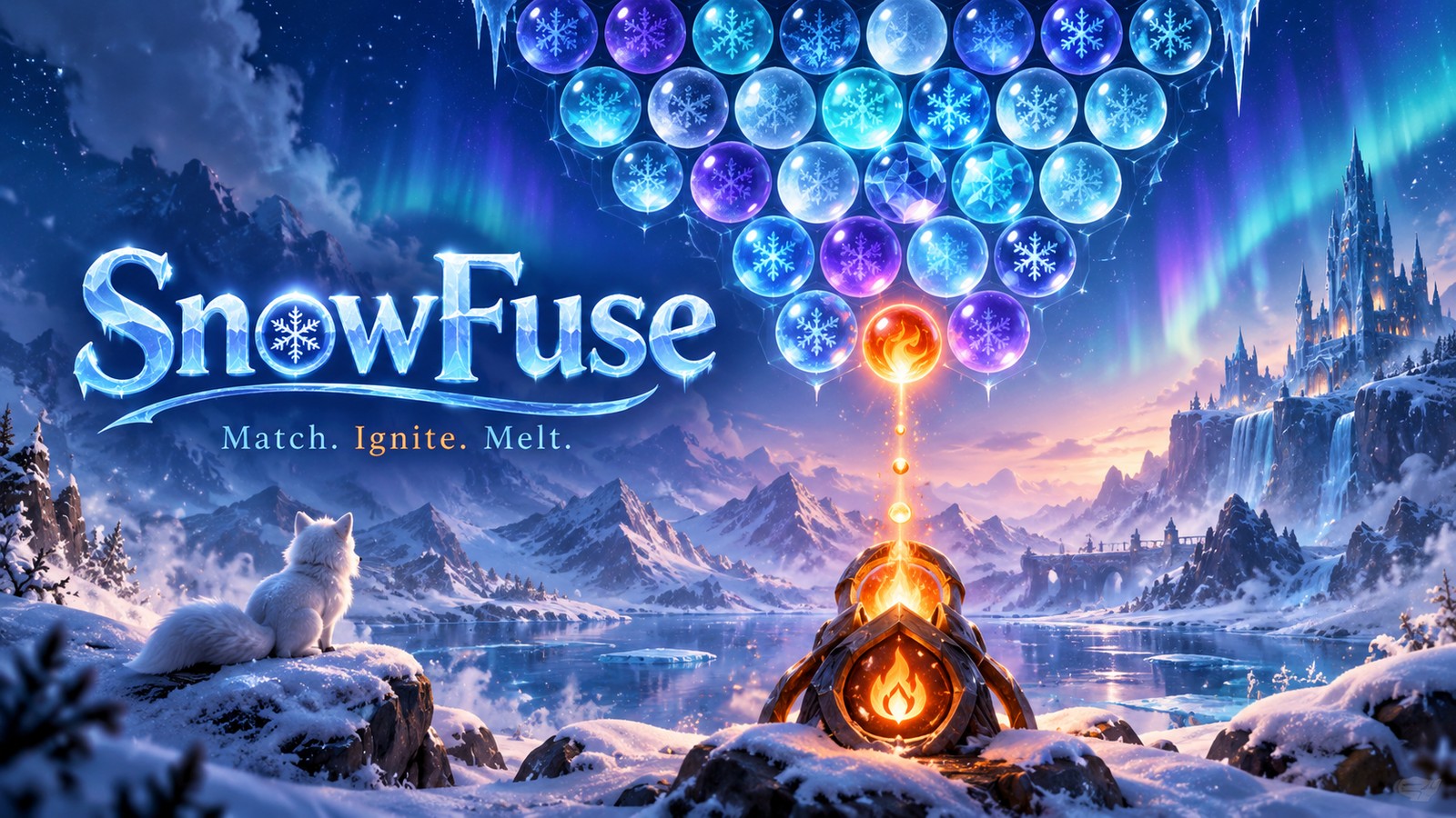 SnowFuse: esferas de hielo, un lanzador de fuego y montañas bajo la aurora.