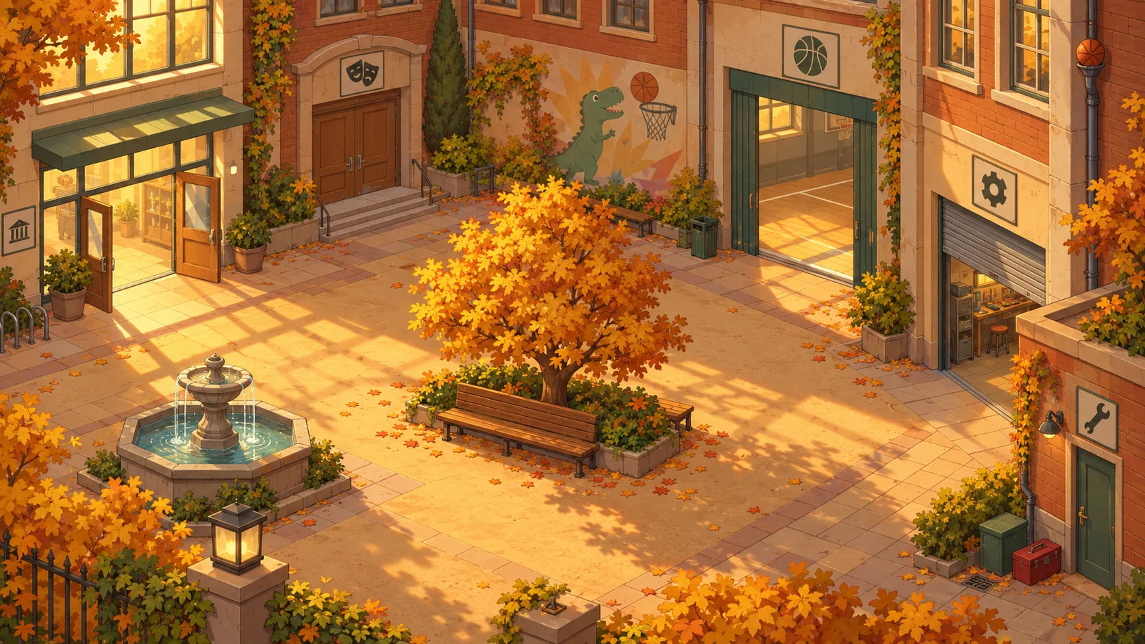 Patio de un colegio con árboles de otoño y luz cálida de tarde