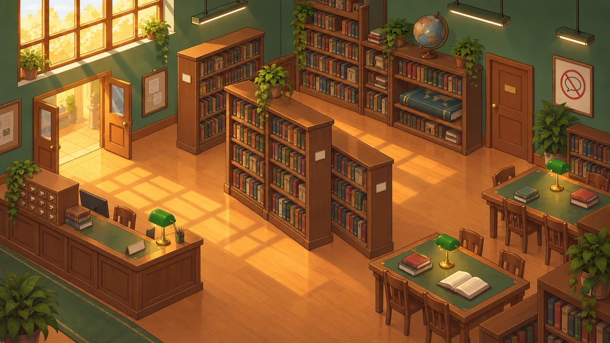 Biblioteca del colegio con mesas y estanterías