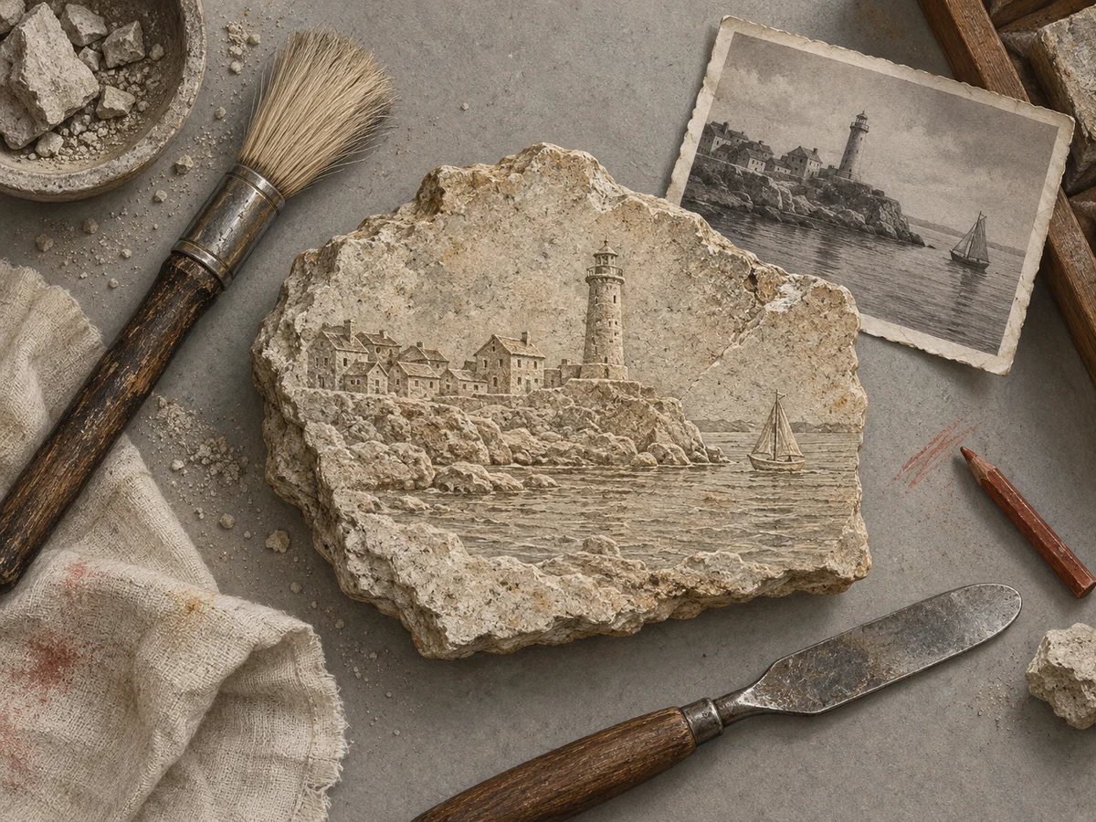 Fragmento de piedra grabada, fotografía y herramientas de conservación