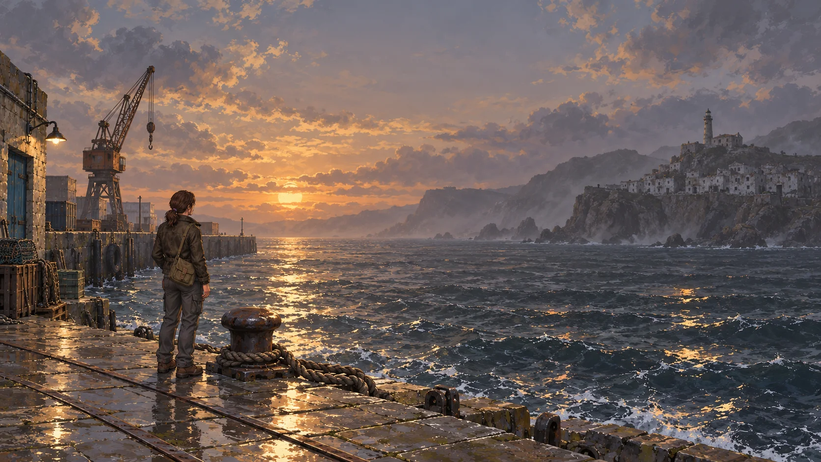 Una viajera contempla una ciudad costera desde un puerto al atardecer